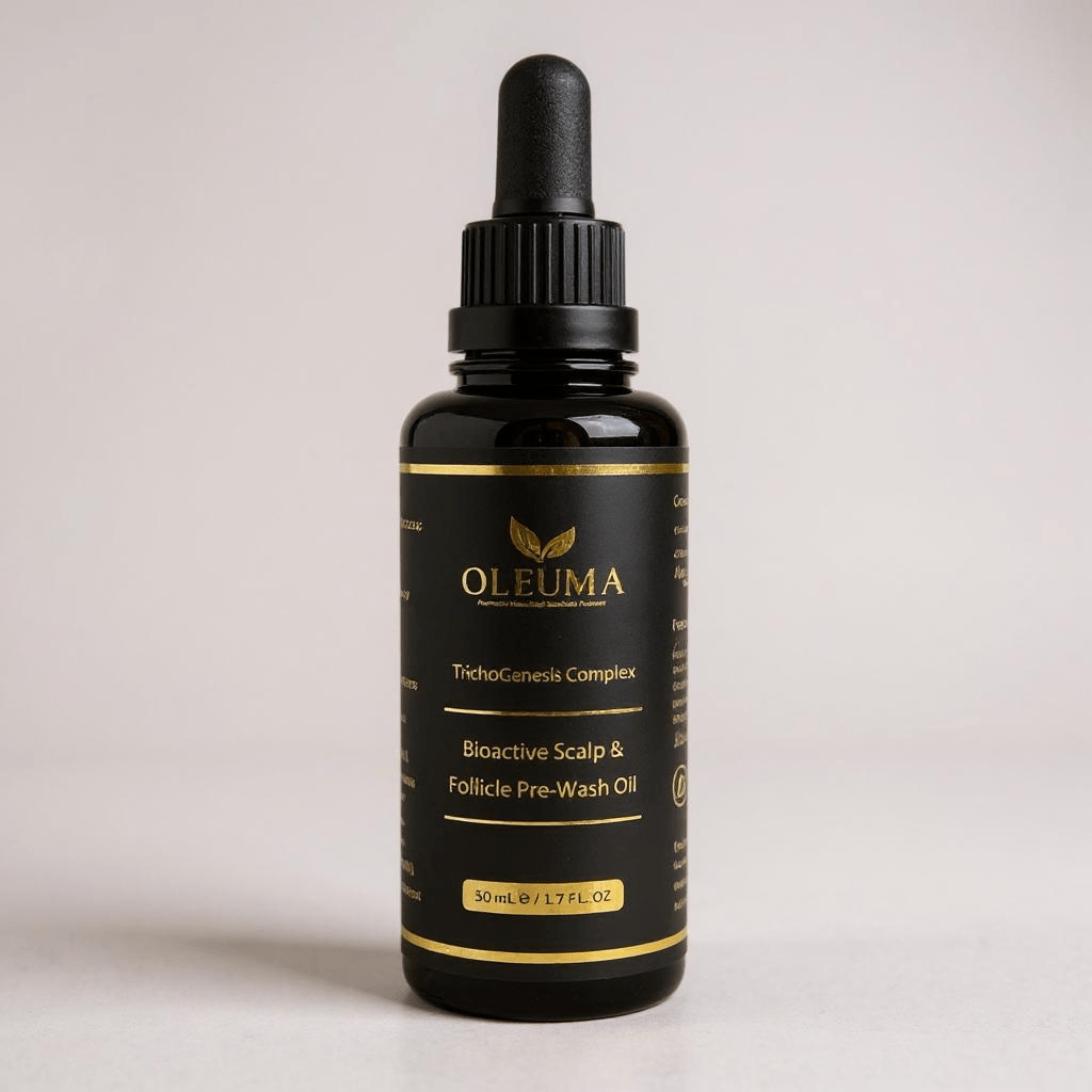 Oleuma™ Hair Growth Oil bottle – natural light, pharmacist-formulated scalp oil for fuller, thicker hair.