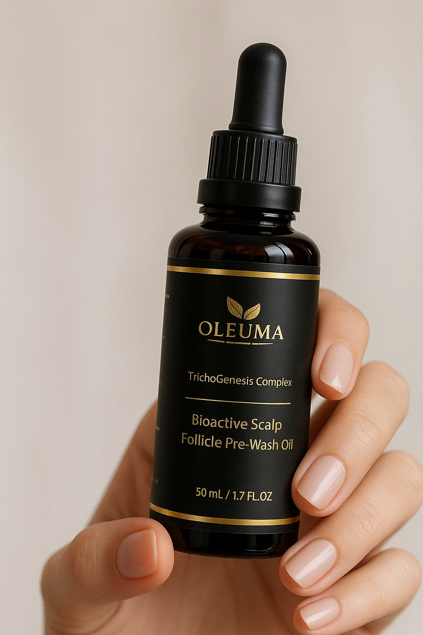 Close-up of hand holding Oleuma scalp oil bottle – pharmacist-formulated treatment for thicker, longer, healthier hair.